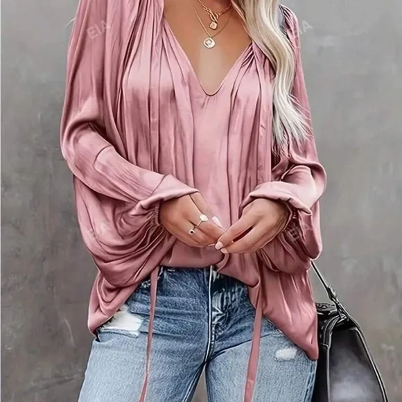 NWOT: Satin Pleated V-Neck Blouse - Picture 3 of 3